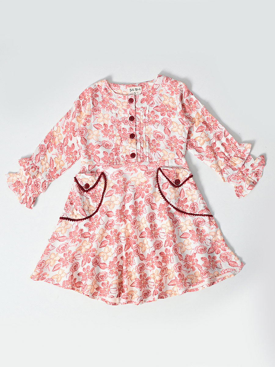 All-Over Floral Print Pintuck Detail Dress with Pockets