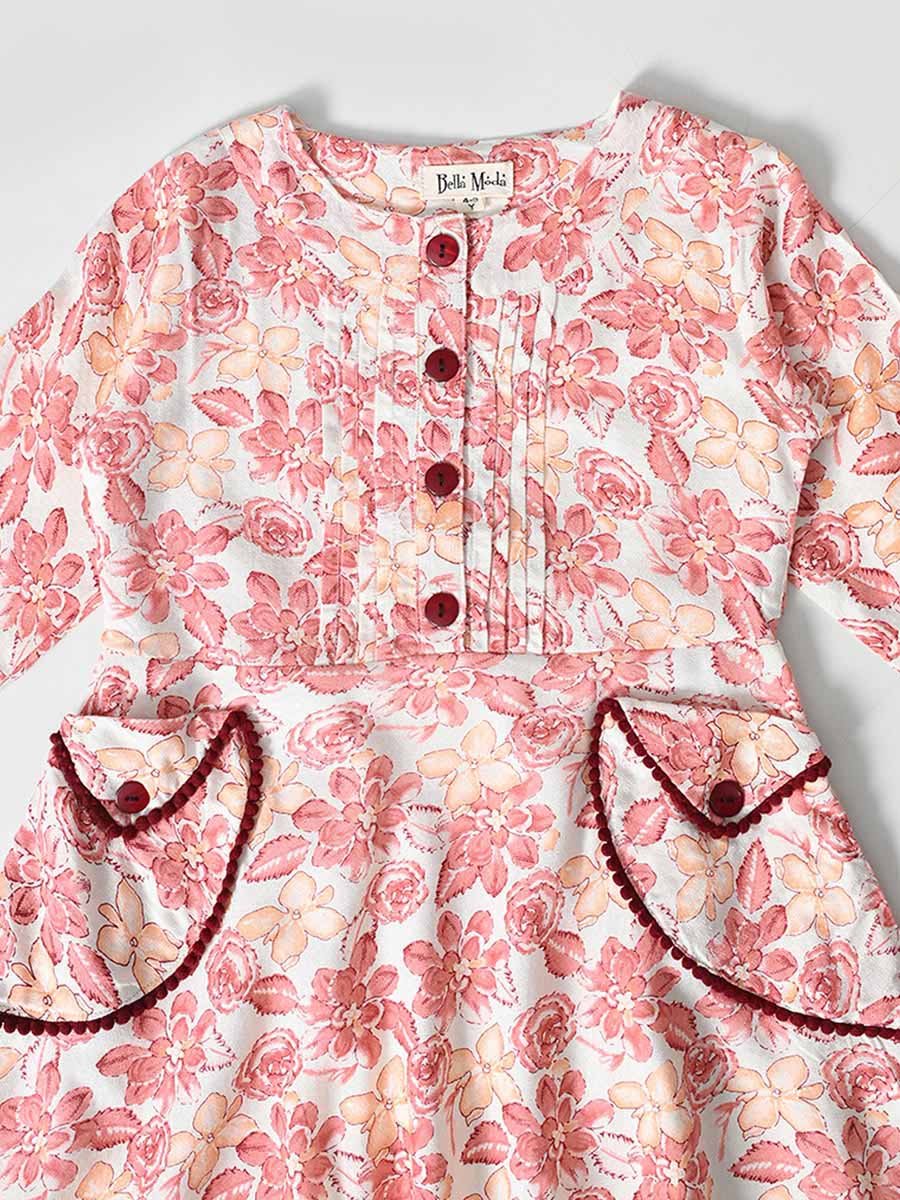 All-Over Floral Print Pintuck Detail Dress with Pockets