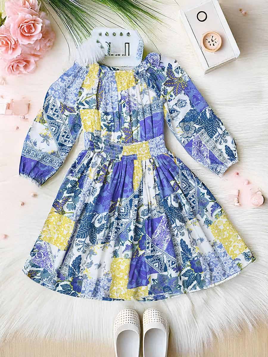 All-Over Print Cotton Dress with Smocked Waist