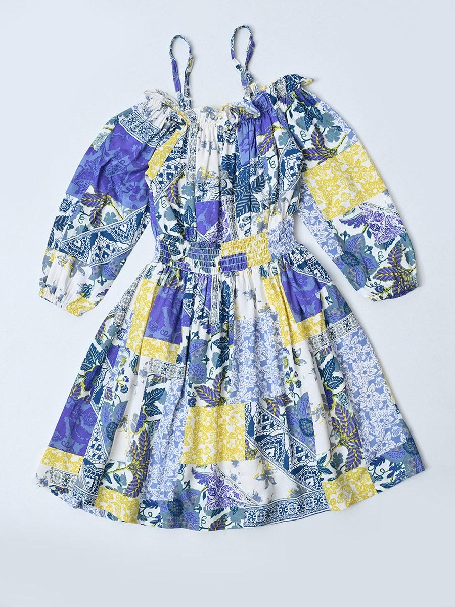 All-Over Print Cotton Dress with Smocked Waist
