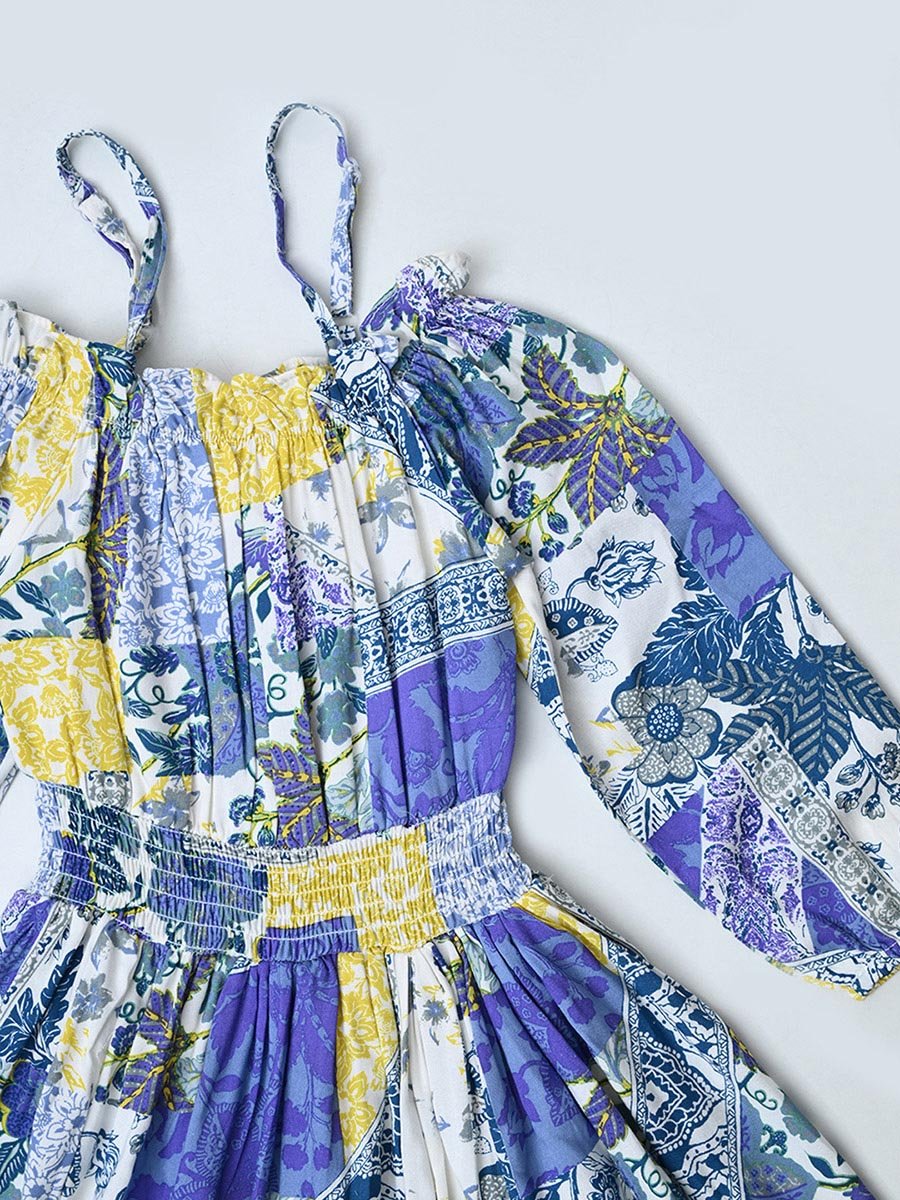 All-Over Print Cotton Dress with Smocked Waist