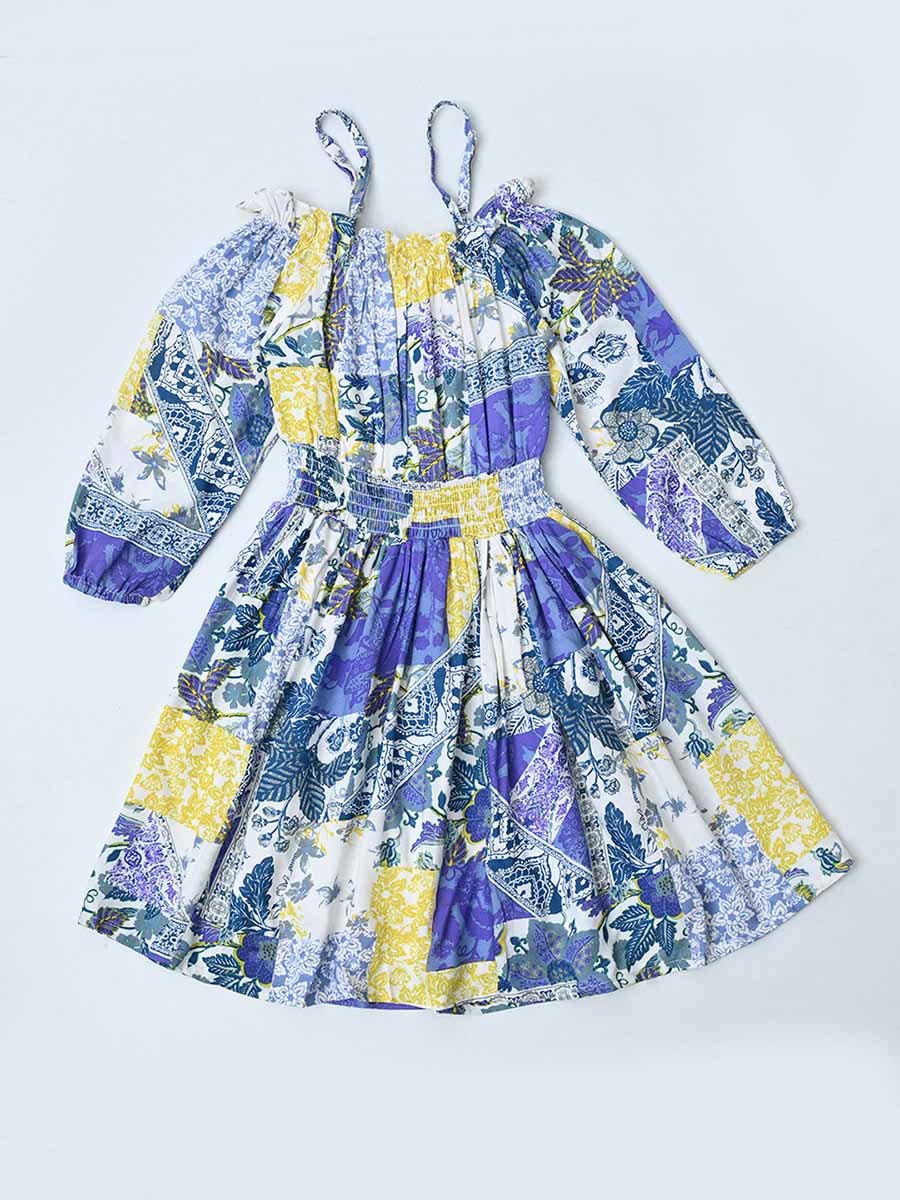 All-Over Print Cotton Dress with Smocked Waist