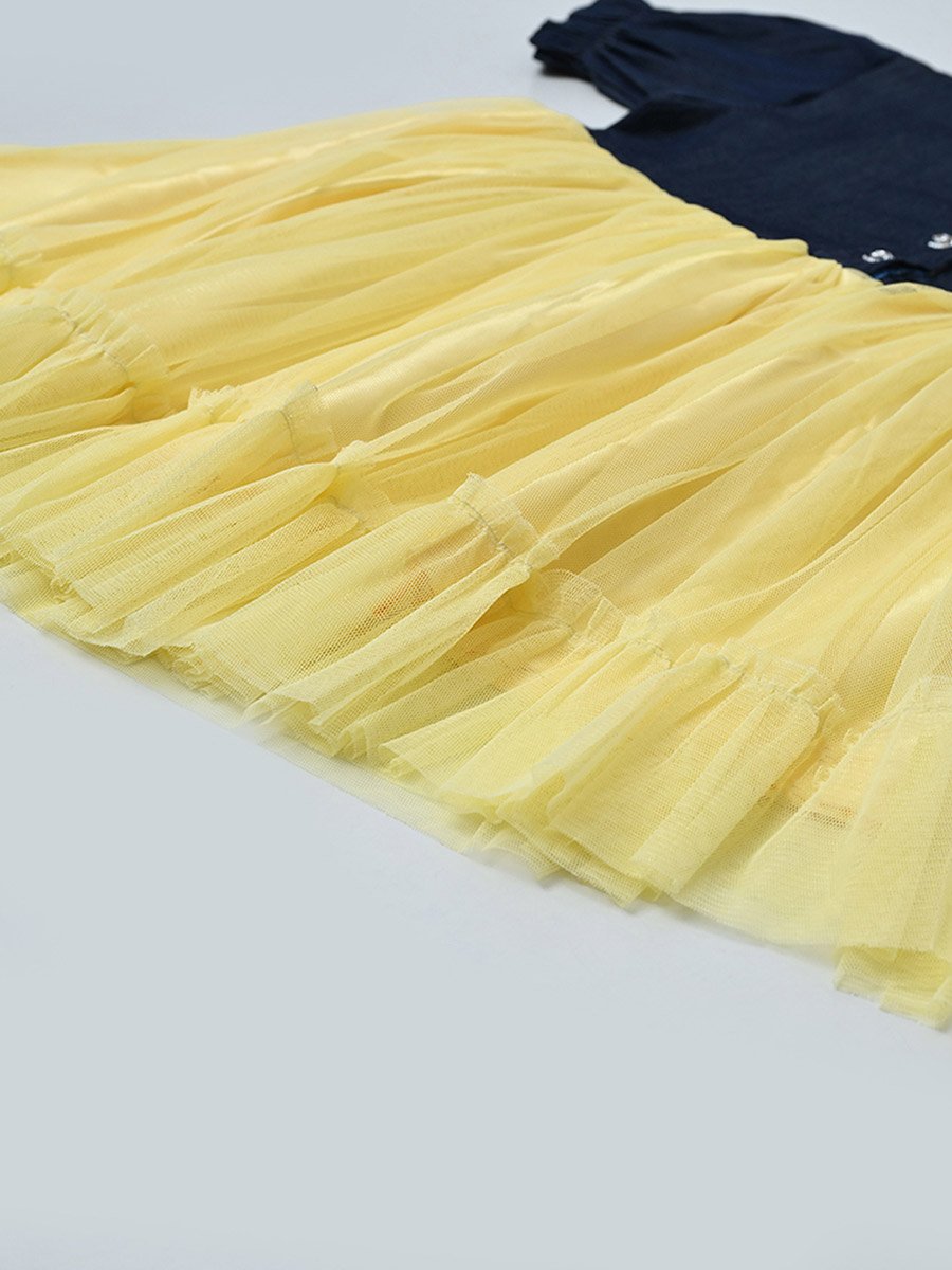 Twofer Puff Sleeves A-Line Dress with Back Tie