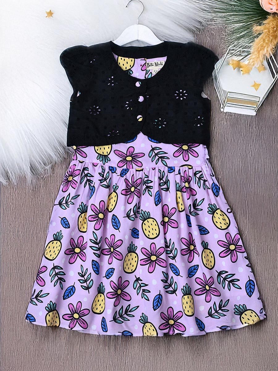 Printed Schiffli Cotton A-Line Dress with Lining