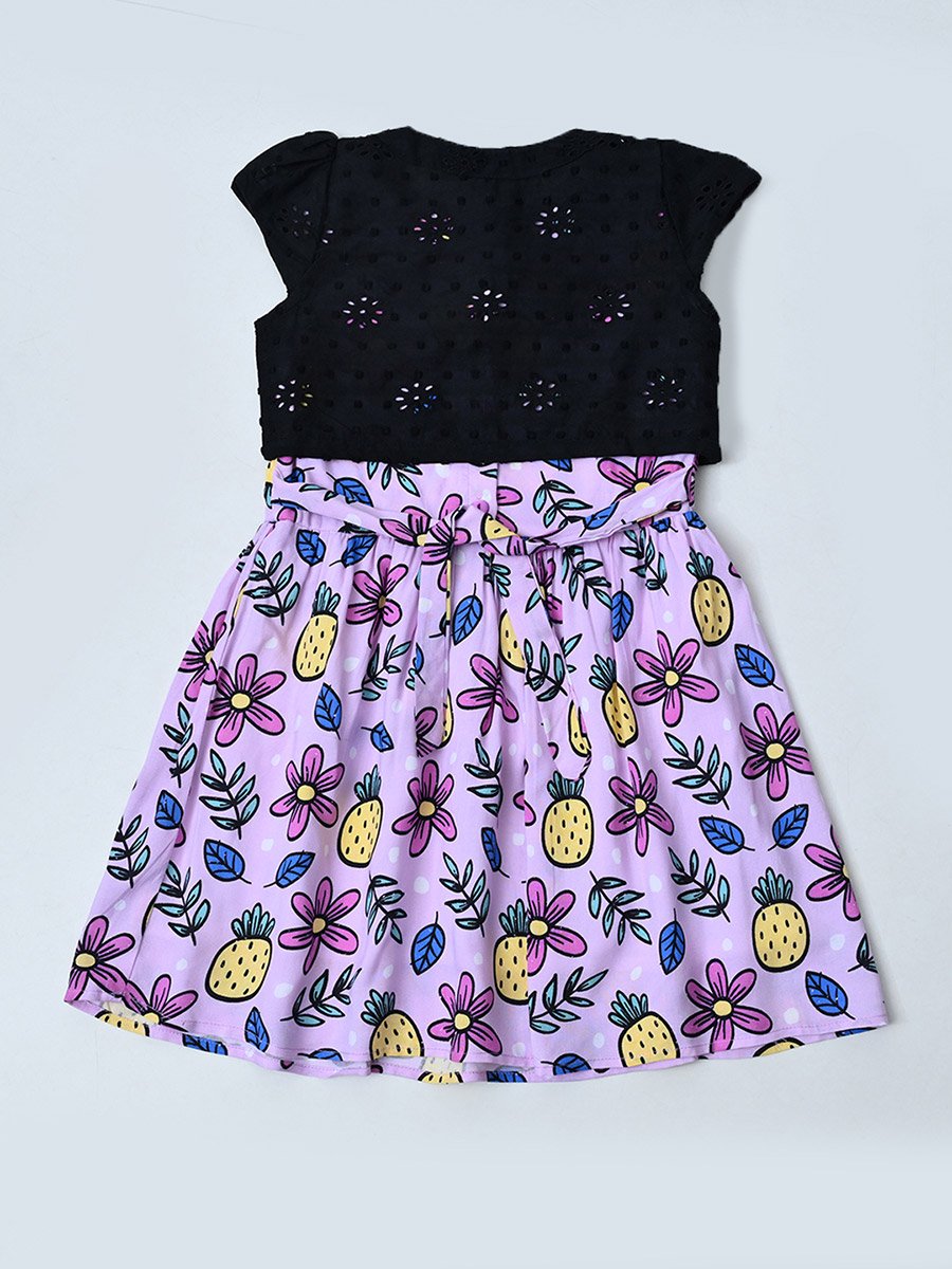 Printed Schiffli Cotton A-Line Dress with Lining