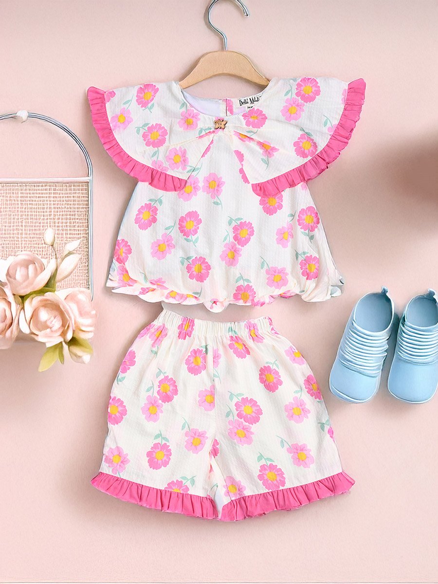Printed Ruffled Detail Sleeveless Top and Shorts Set