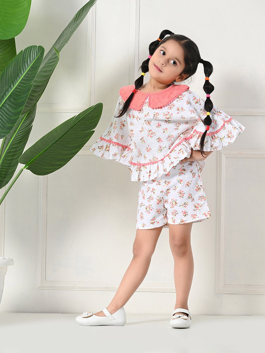 Printed Ruffled Hem Round Neck Top and Shorts Set