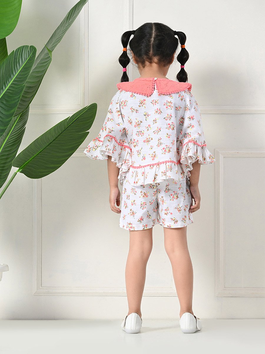 Printed Ruffled Hem Round Neck Top and Shorts Set