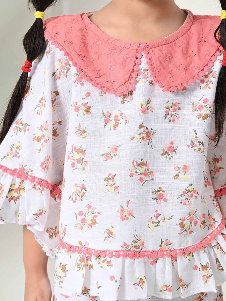 Printed Ruffled Hem Round Neck Top and Shorts Set