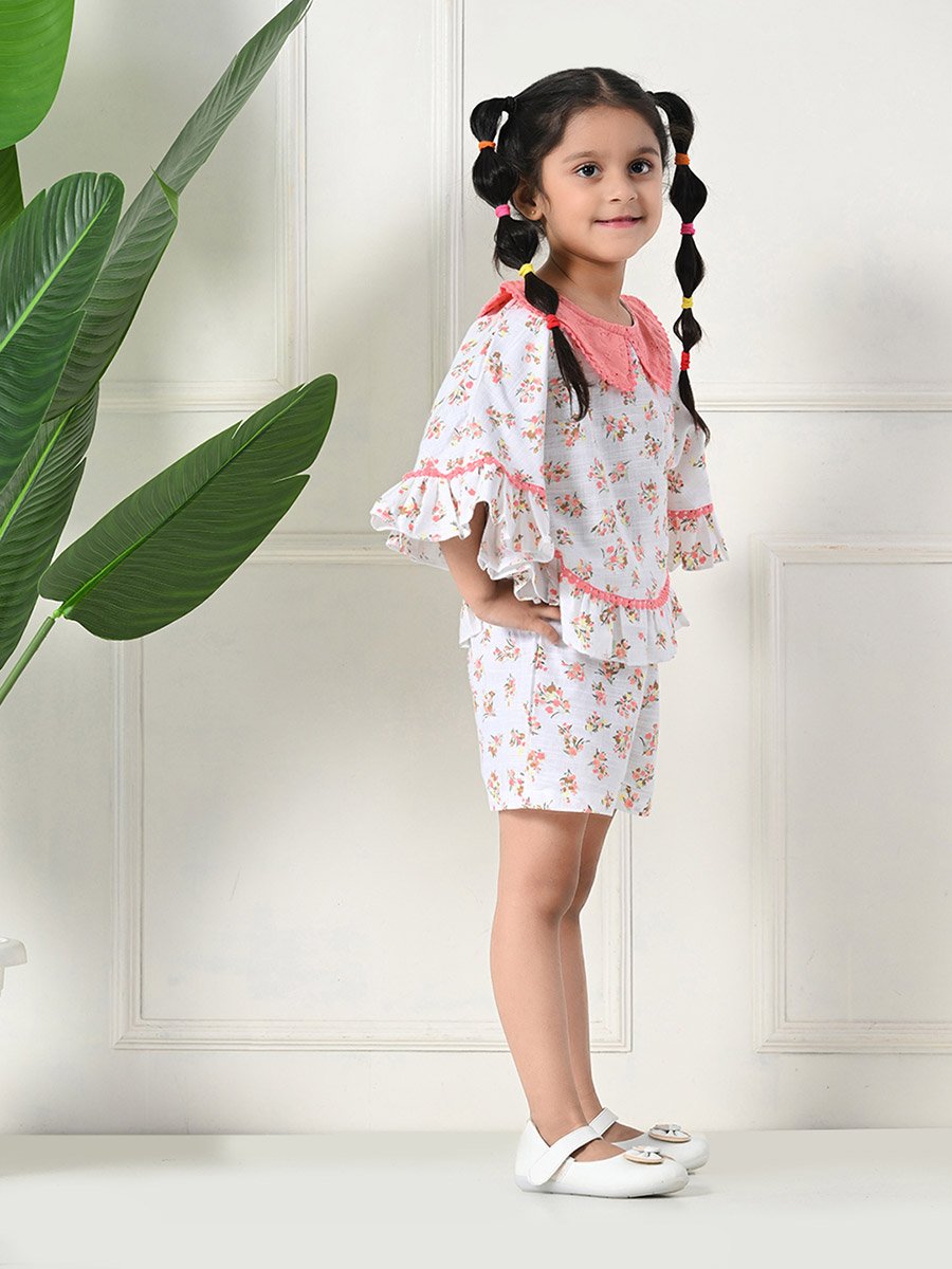 Printed Ruffled Hem Round Neck Top and Shorts Set