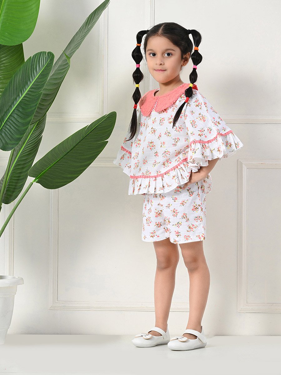 Printed Ruffled Hem Round Neck Top and Shorts Set