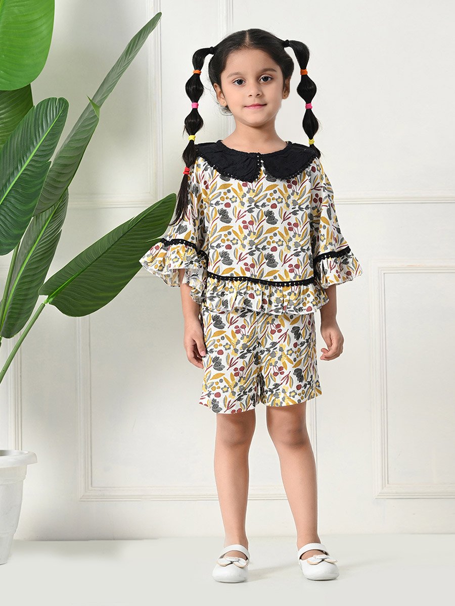 Printed Ruffled Hem Round Neck Top and Shorts Set