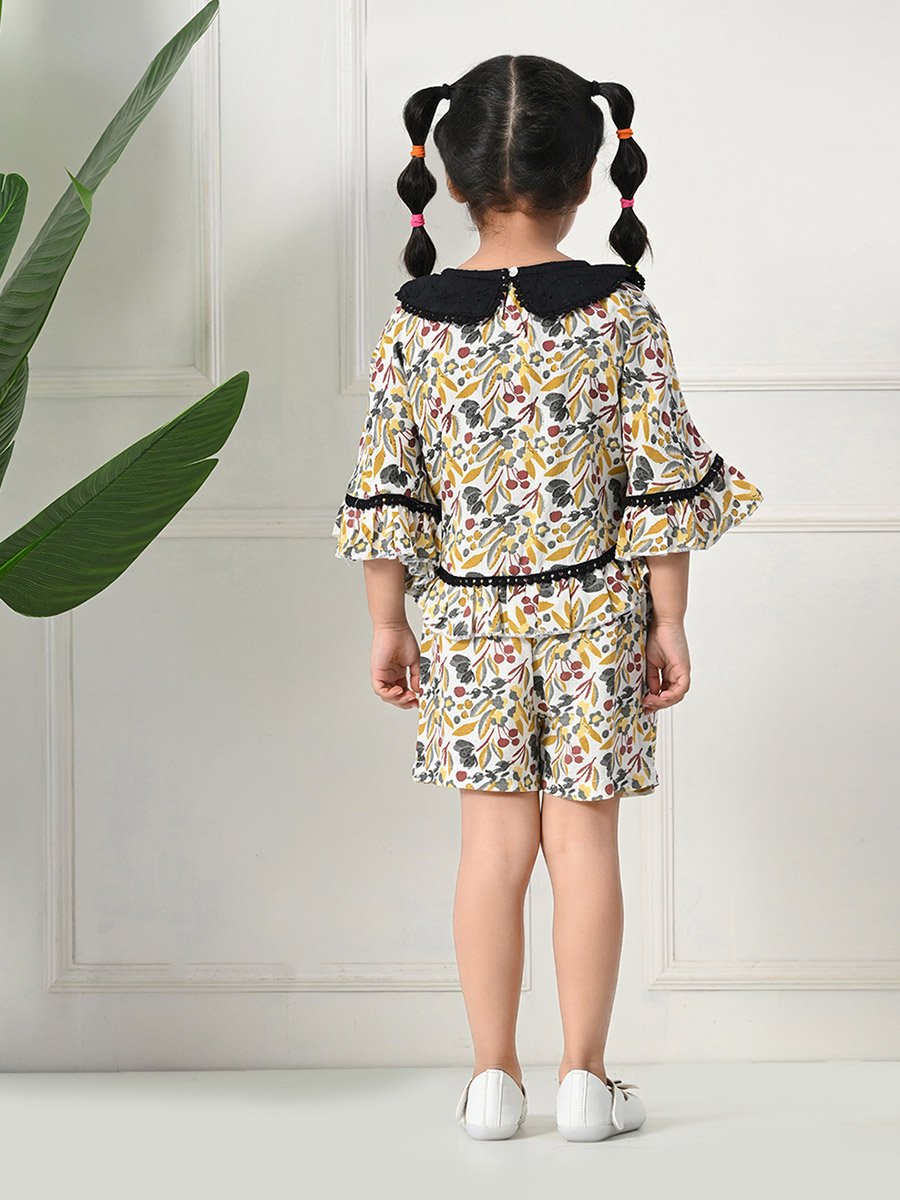 Printed Ruffled Hem Round Neck Top and Shorts Set