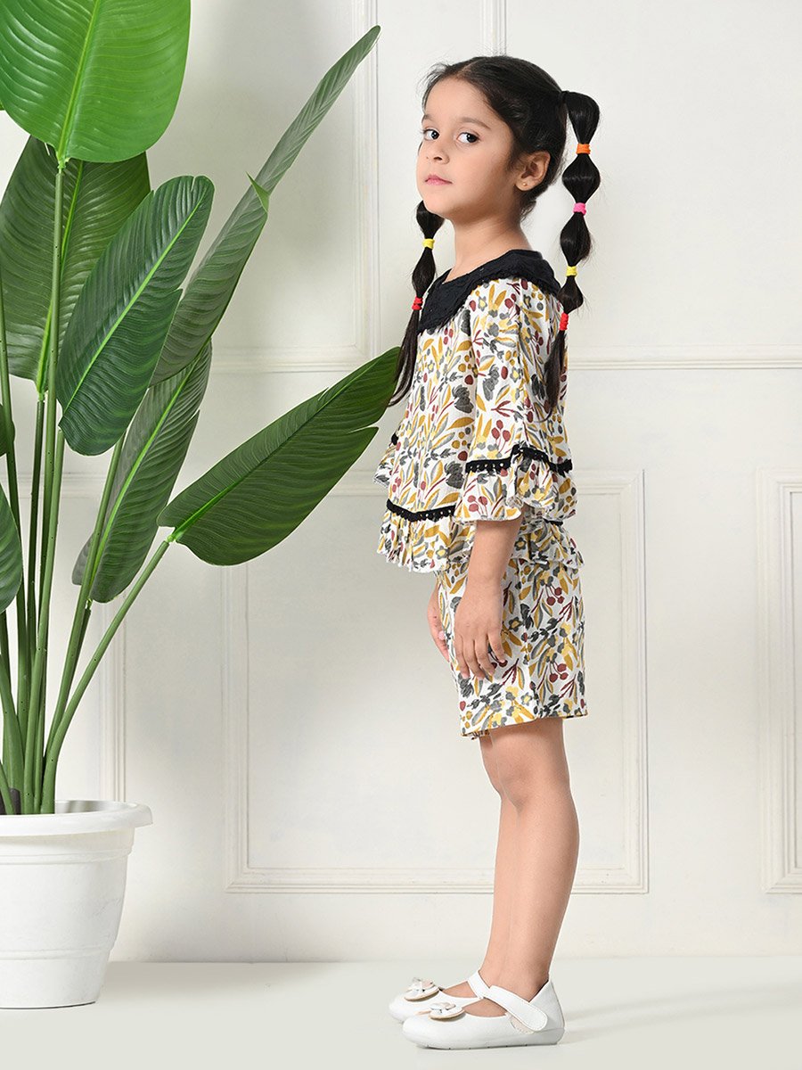 Printed Ruffled Hem Round Neck Top and Shorts Set