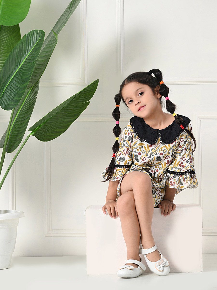 Printed Ruffled Hem Round Neck Top and Shorts Set
