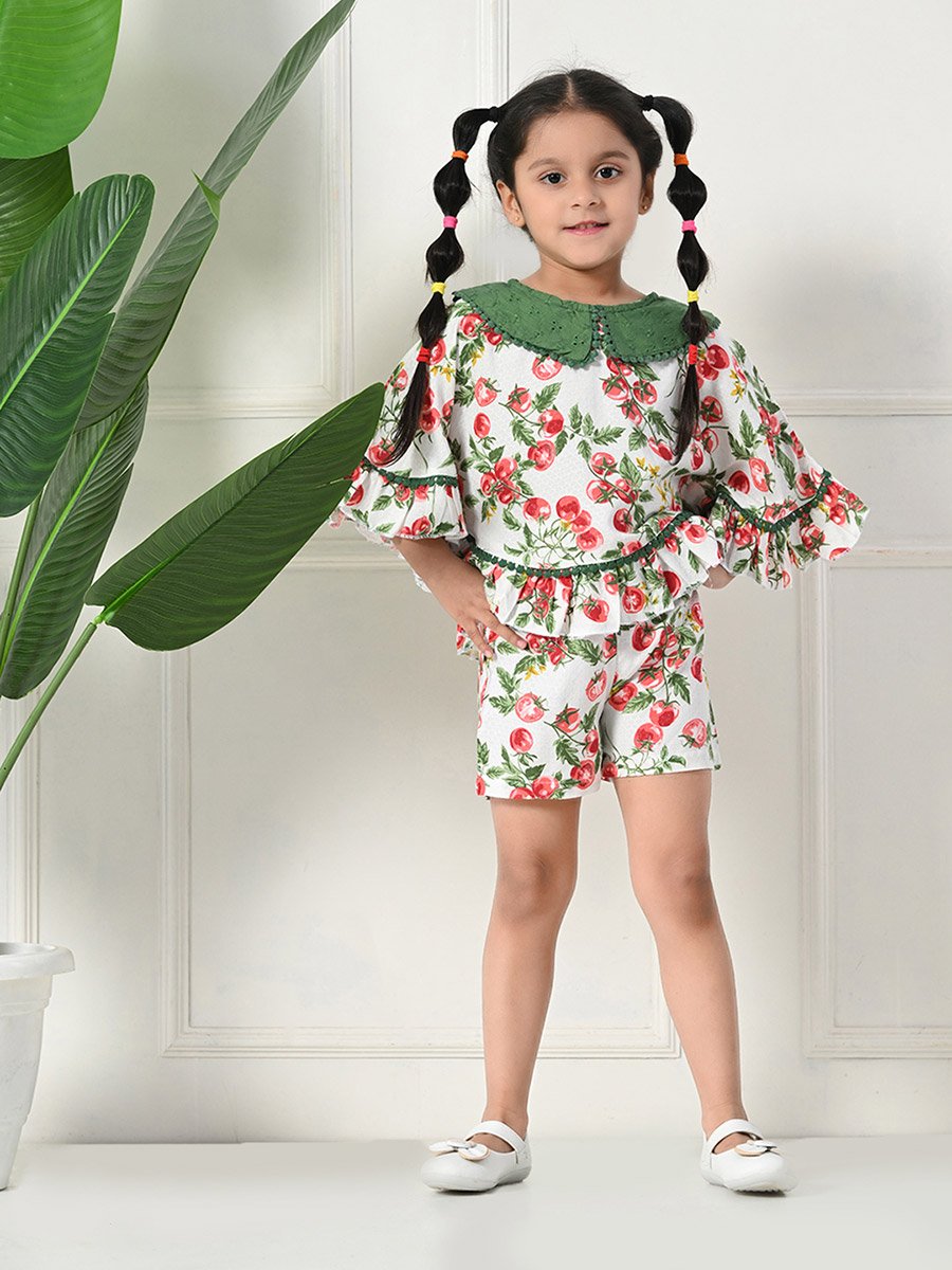 Printed Ruffled Hem Round Neck Top and Shorts Set