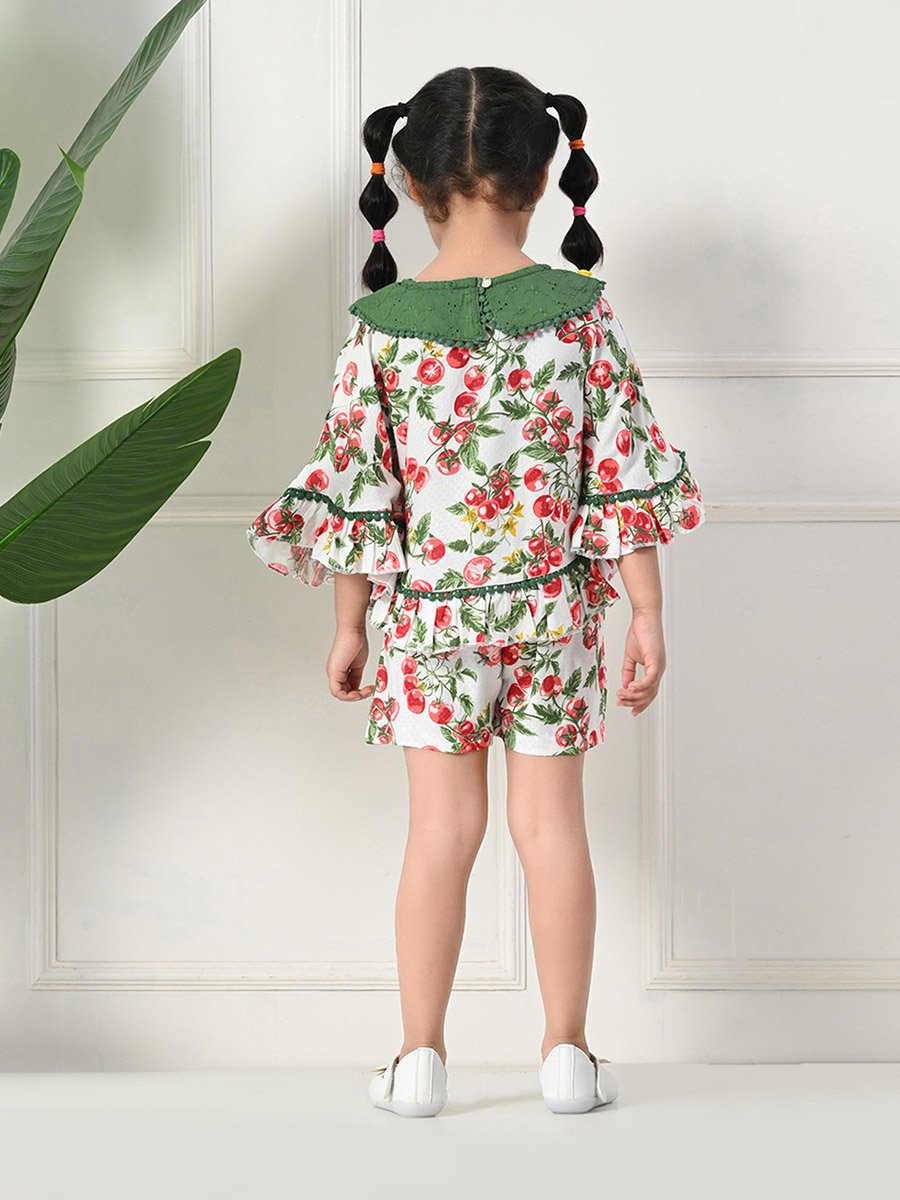 Printed Ruffled Hem Round Neck Top and Shorts Set