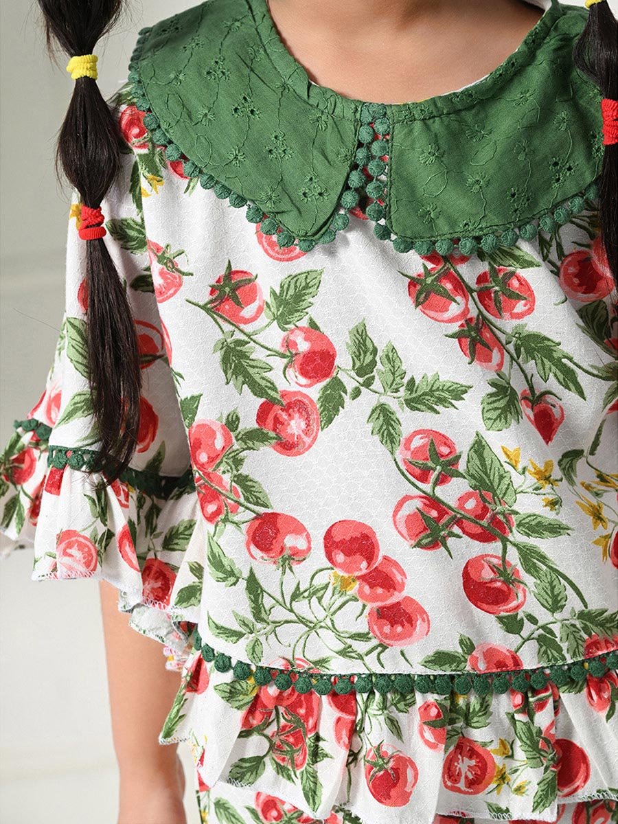 Printed Ruffled Hem Round Neck Top and Shorts Set