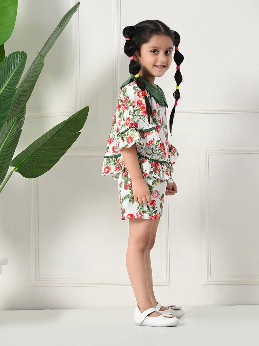 Printed Ruffled Hem Round Neck Top and Shorts Set