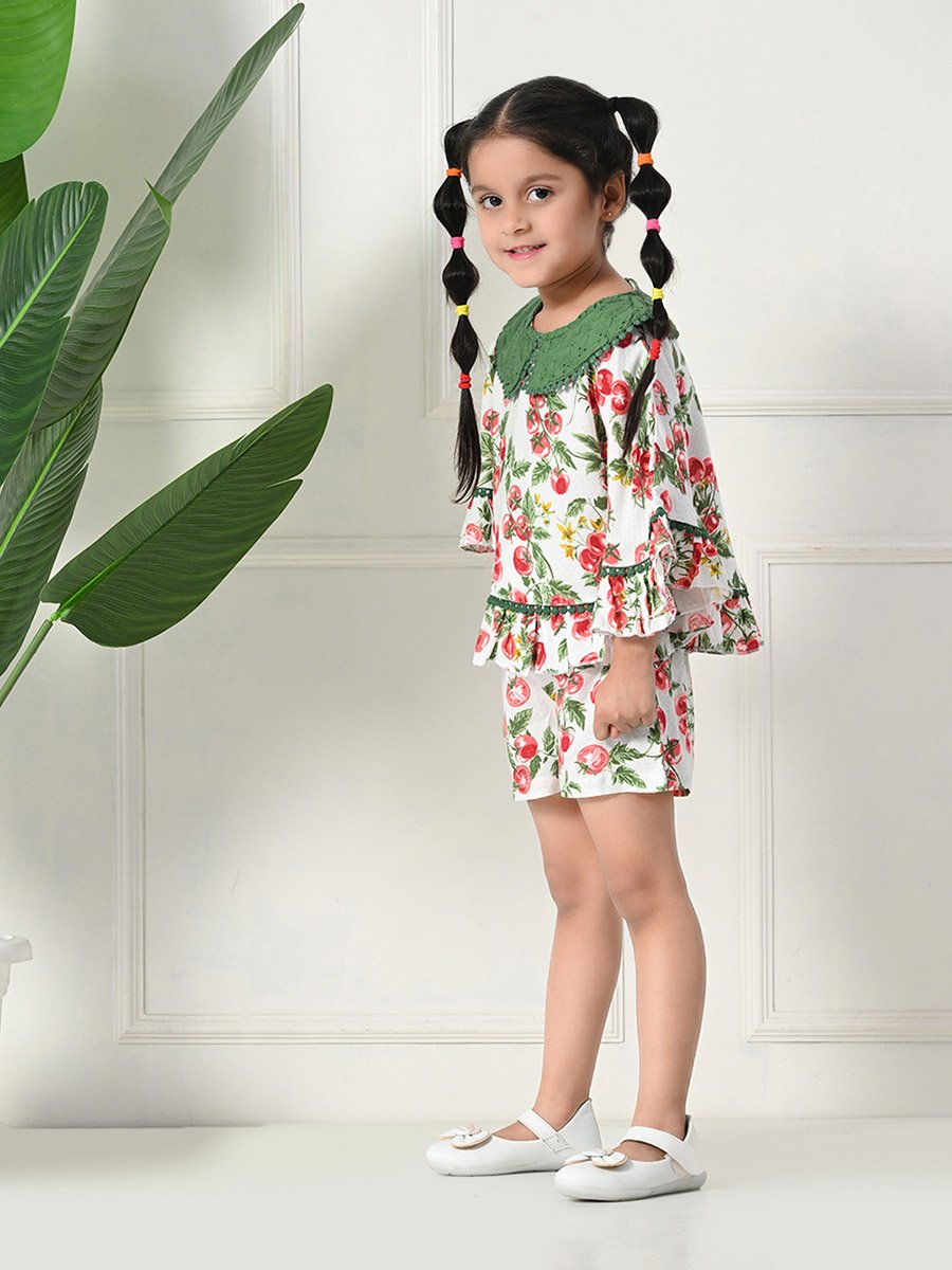 Printed Ruffled Hem Round Neck Top and Shorts Set