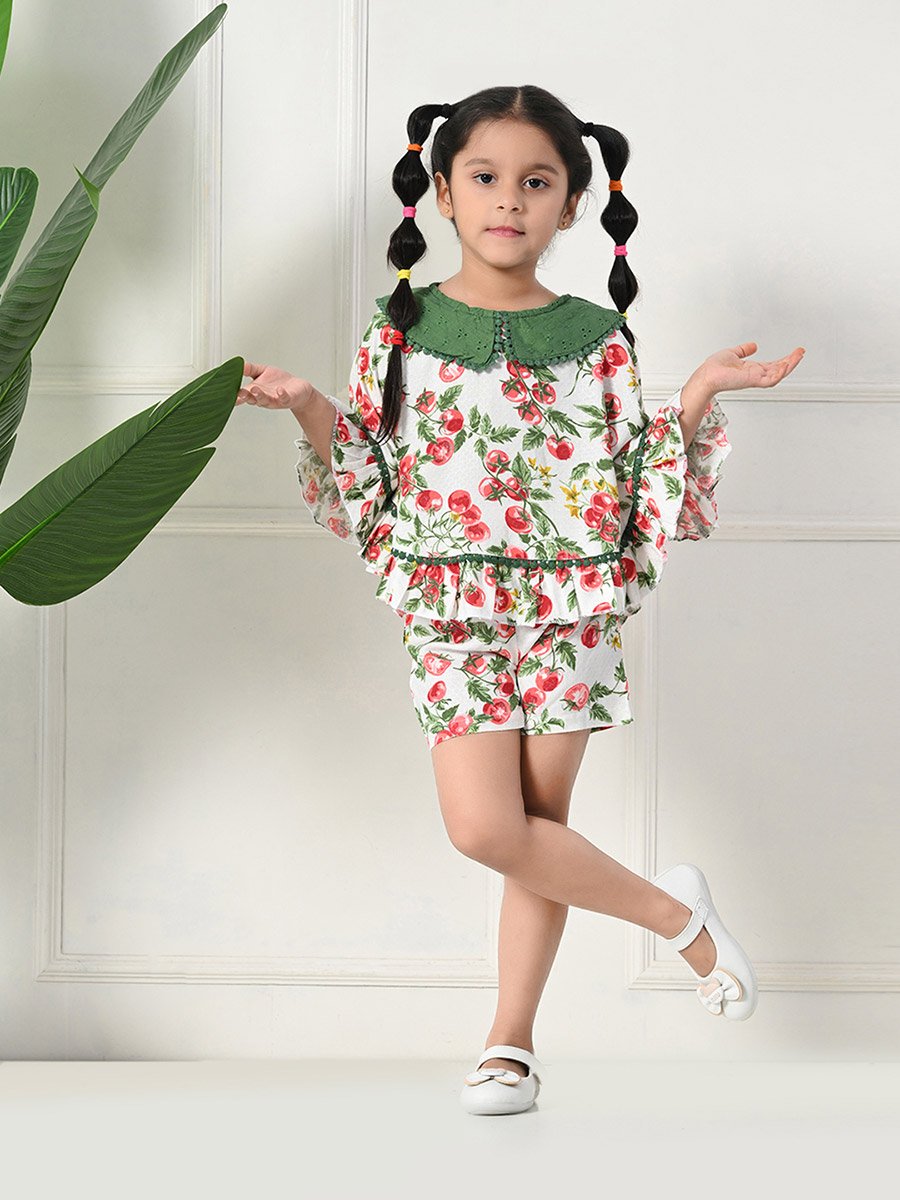 Printed Ruffled Hem Round Neck Top and Shorts Set