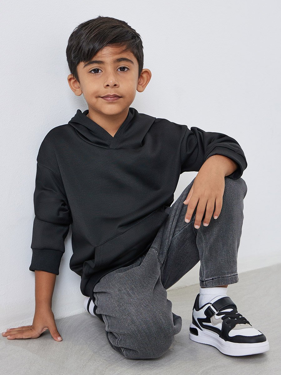 Boys Black Relaxed Fit Hoodie with Front Pocket