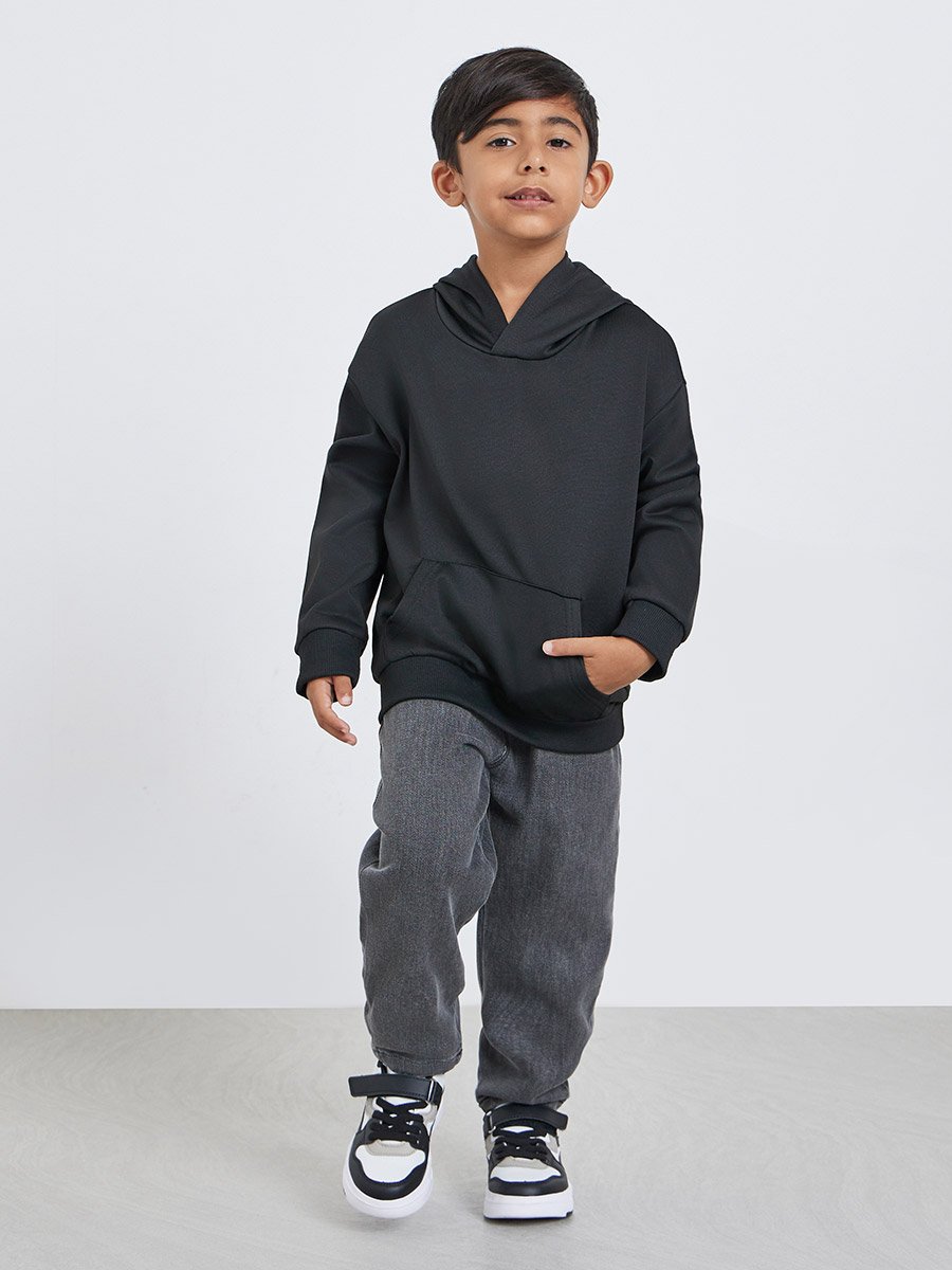 Boys Black Relaxed Fit Hoodie with Front Pocket