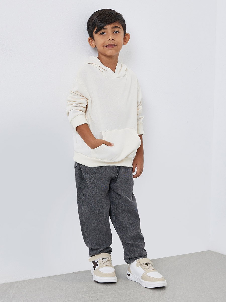 Boys Off White Relaxed Fit Hoodie with Front Pocket