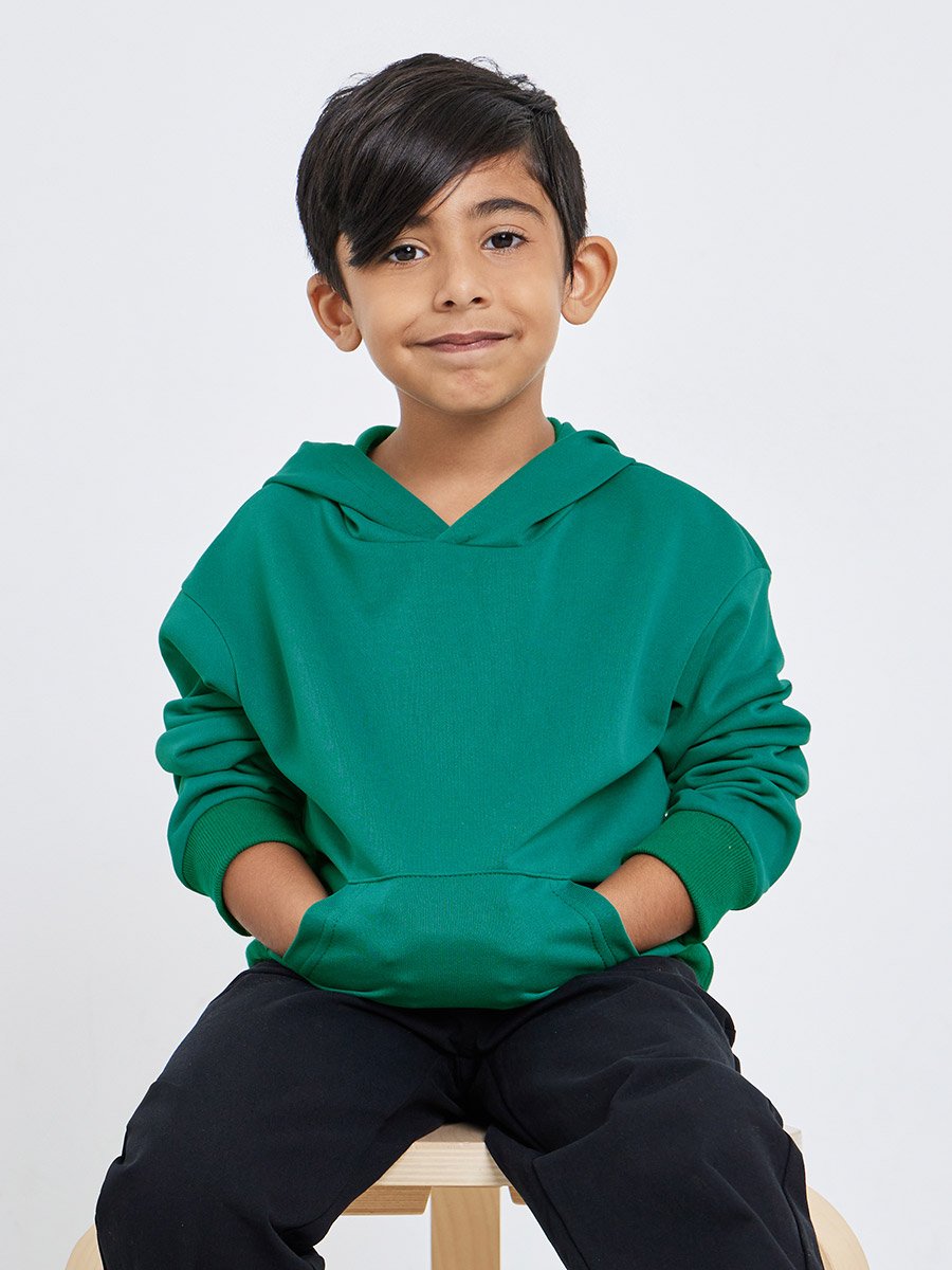 Boys Dark Green Relaxed Fit Hoodie with Front Pocket