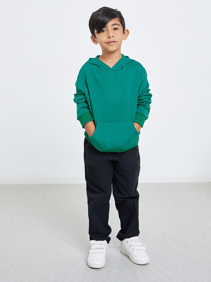 Boys Dark Green Relaxed Fit Hoodie with Front Pocket