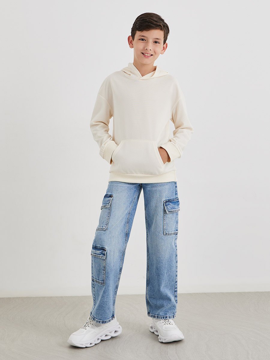 Teen Off White Relaxed Fit Hoodie with Front Pocket