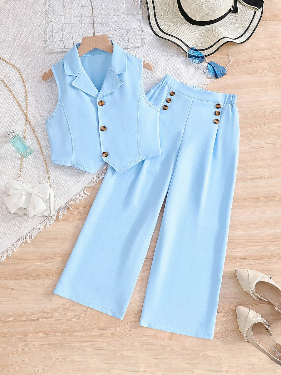 Solid Button Up Vest and Wide Leg Pants Set