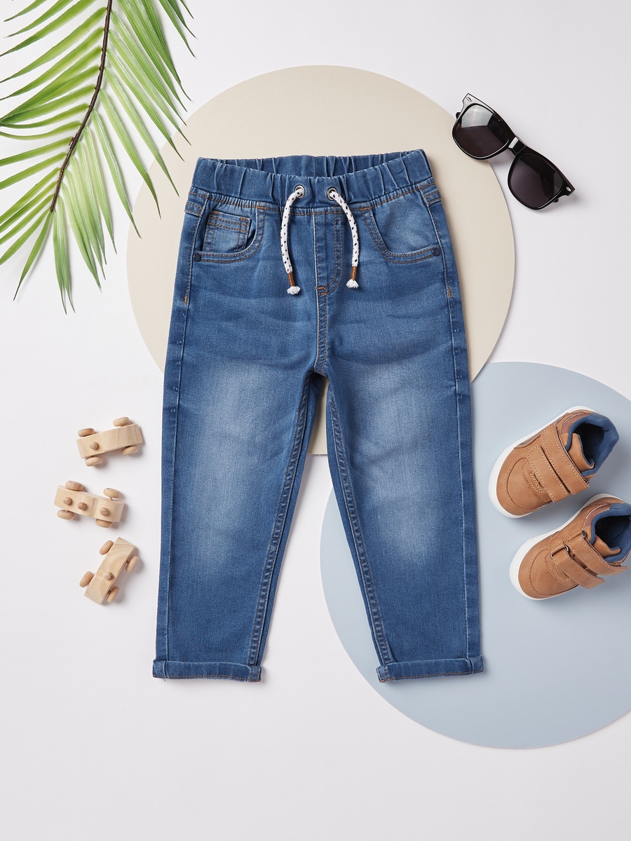 Full Length Plain Denim Jeans with Drawstring and Pocket Detail