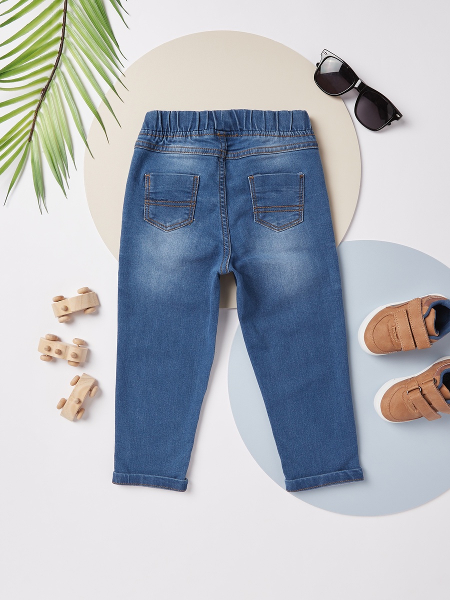 Full Length Plain Denim Jeans with Drawstring and Pocket Detail