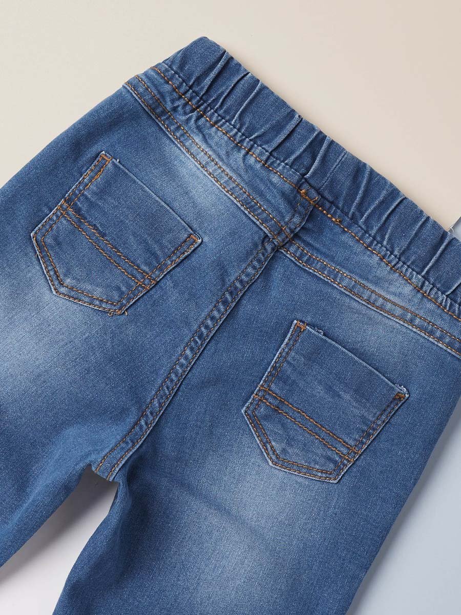 Full Length Plain Denim Jeans with Drawstring and Pocket Detail