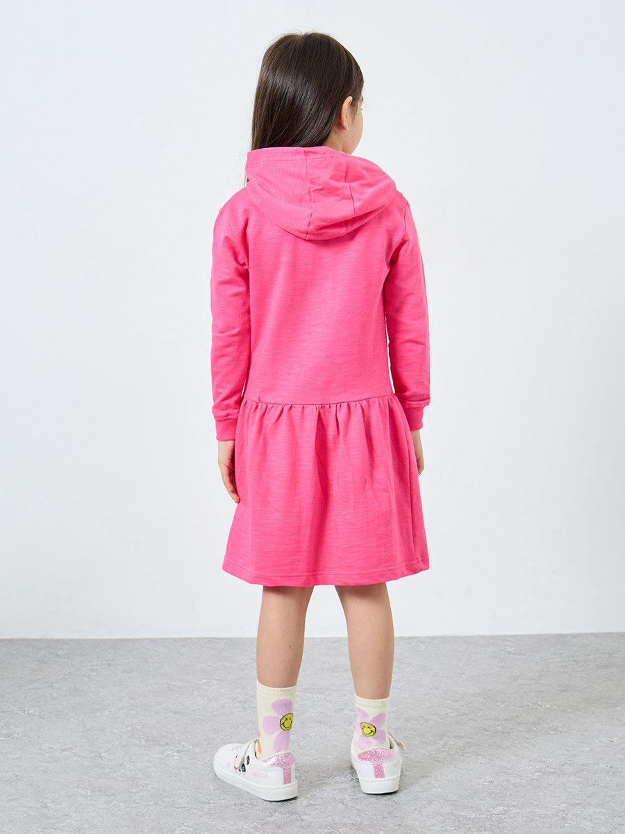 Girls Pink Hooded Dress with Front Pocket For Kids at Bahrain | Styli