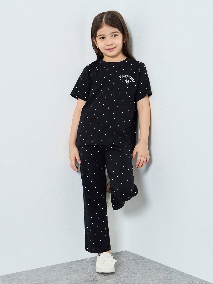 Girls Black Dot Print T-Shirt and Pants Set