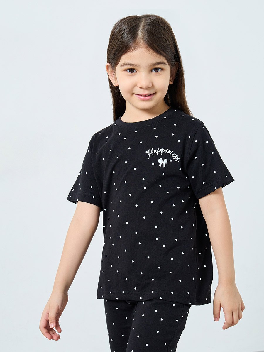 Girls Black Dot Print T-Shirt and Pants Set