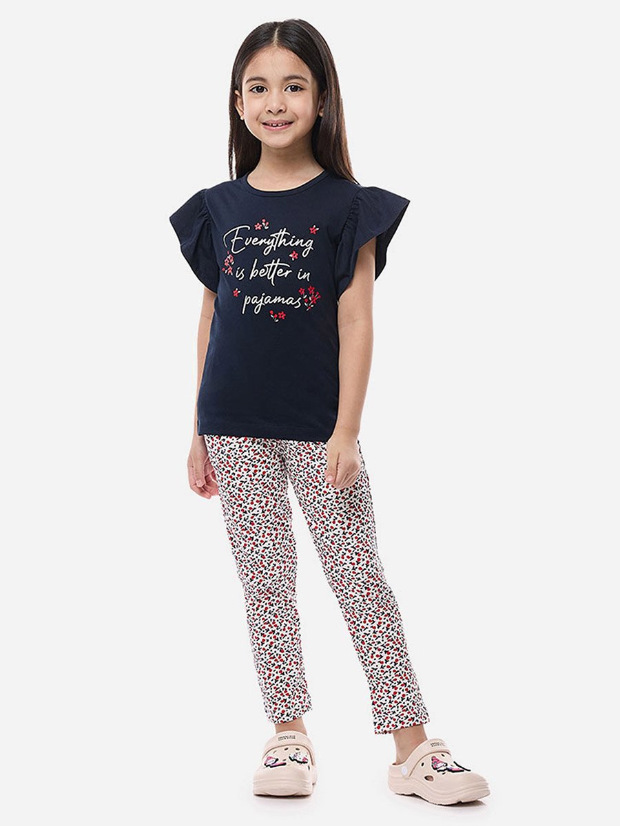 Slogan Print Ruffled Sleeve T-Shirt and Pyjama Set