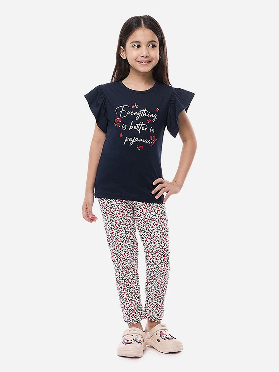 Slogan Print Ruffled Sleeve T-Shirt and Pyjama Set