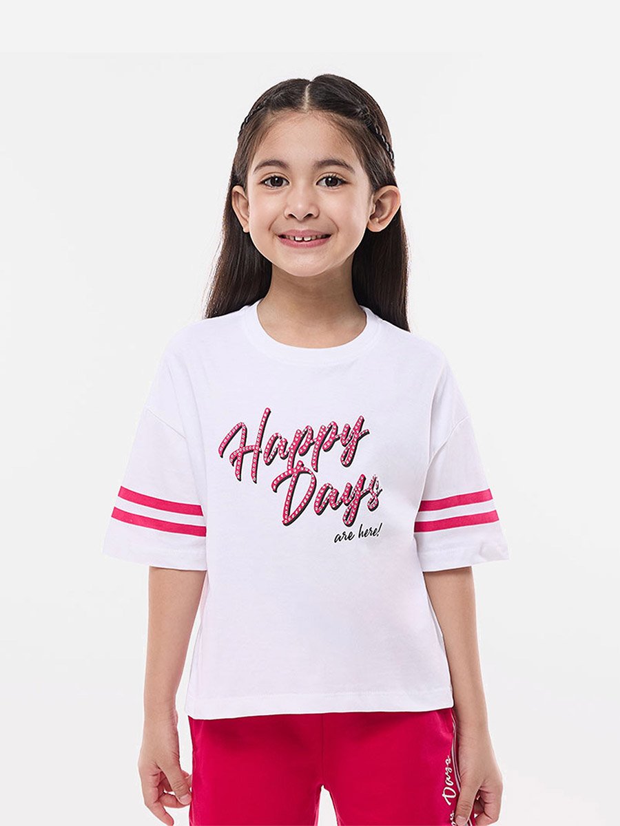 Slogan Print Knit Crop Top and Wide-Leg Pants Set