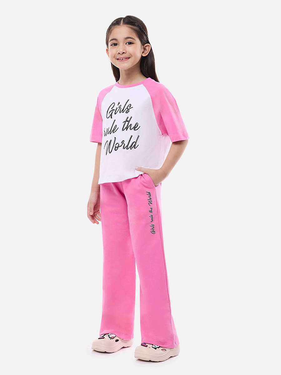 Slogan Print Knit Crop Top and Wide-Leg Pants Set