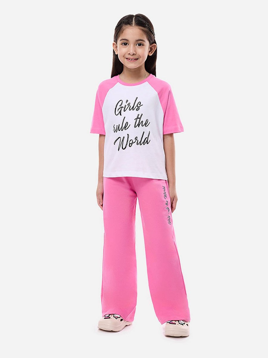 Slogan Print Knit Crop Top and Wide-Leg Pants Set