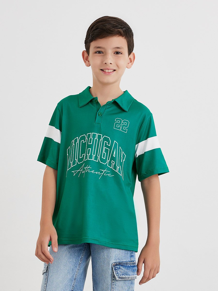 Boys Dark Green Printed Polo T-Shirt