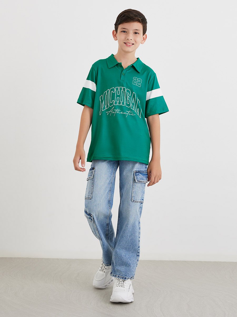 Boys Dark Green Printed Polo T-Shirt