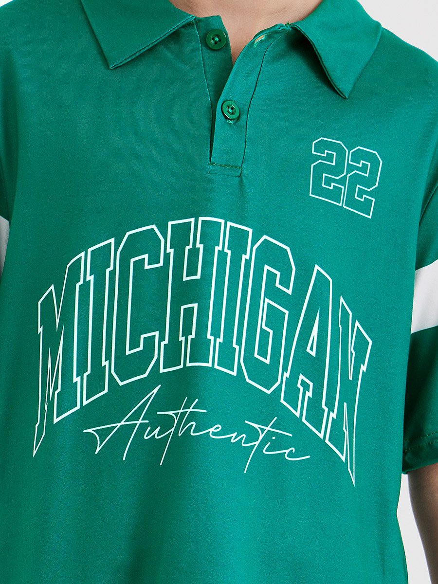 Boys Dark Green Printed Polo T-Shirt
