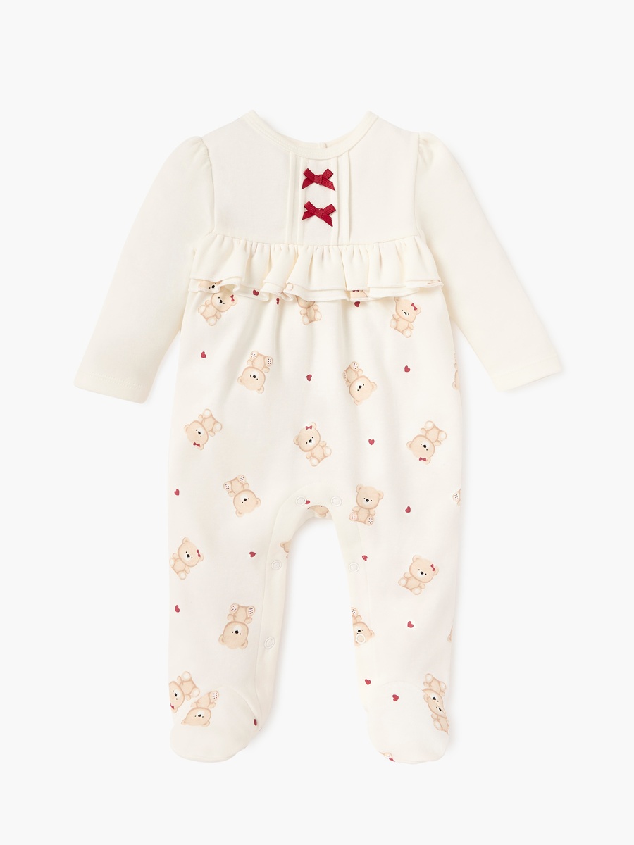 Bear Print Closed Foot Sleepsuit with Long Sleeves and Bow Detail