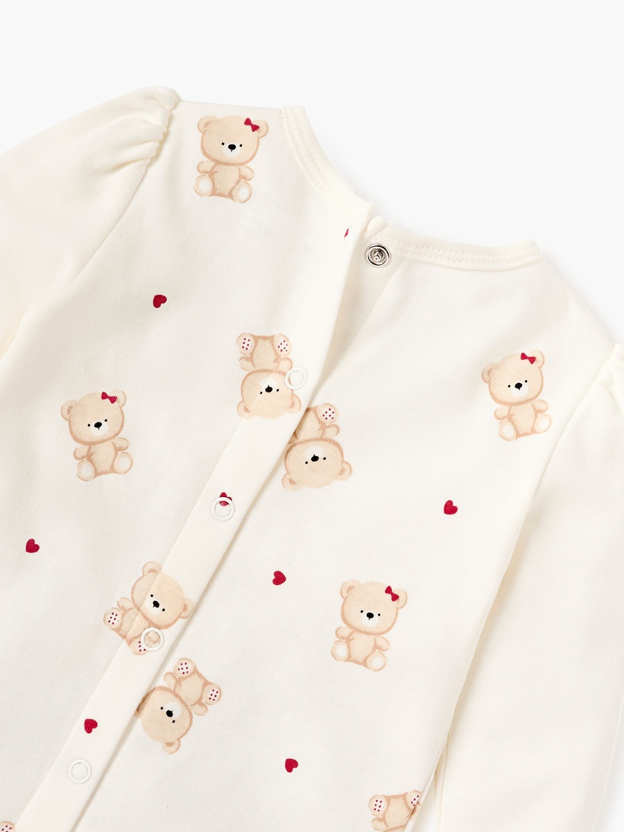 Bear Print Closed Foot Sleepsuit with Long Sleeves and Bow Detail