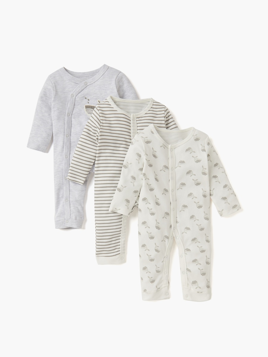 Printed Sleepsuit with Long Sleeves and Button Closure - Set of 3