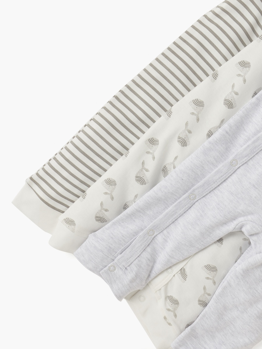 Printed Sleepsuit with Long Sleeves and Button Closure - Set of 3
